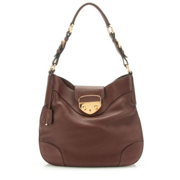 Prada Women's Vitello Daino Hobo BR3161 Brown Shoulder Bag Boho Pebbled Leather